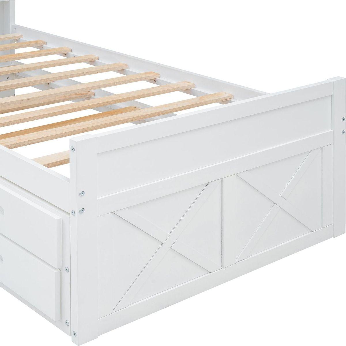 Twin Size Wooden Bed with Storage Headboard with Outlets, Extendable Bed with Twin Size Trundle with Three Storage Drawers,White