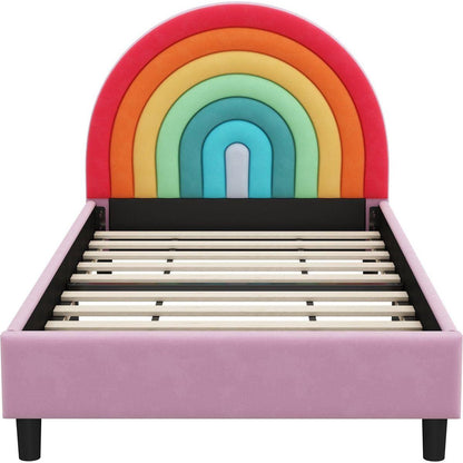 Rainbow Design Upholstered Twin Platform Bed Cute Style Princess Bed for Boys & Girls, Teens, Colorful & Pink