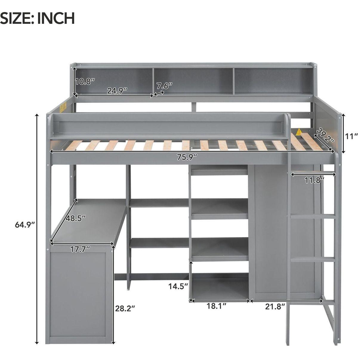 Wood Twin Size Loft bed with Multiple Storage Shelves and Wardrobe, Gray