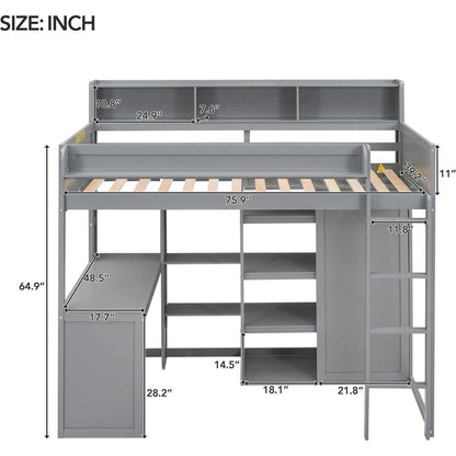 Wood Twin Size Loft bed with Multiple Storage Shelves and Wardrobe, Gray