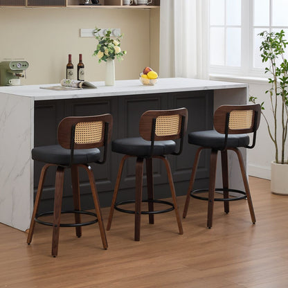 Set of 3 Counter Height Bar Stools - 26 inch Rattan Counter Height Stools with Cane Back, Upholstered Seat, Walnut Craftsmanship, Swivel Counter Stools for Island/Kitchen/Counter/Bar (Walnut /Black)
