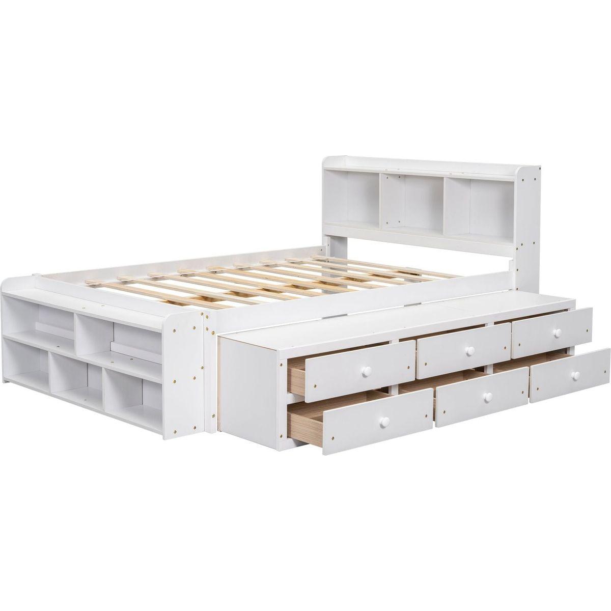 Full Bed with Bookcase Headboard, Under bed Storage Drawers and Bed End Storage Case,White
