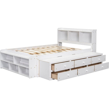 Full Bed with Bookcase Headboard, Under bed Storage Drawers and Bed End Storage Case,White