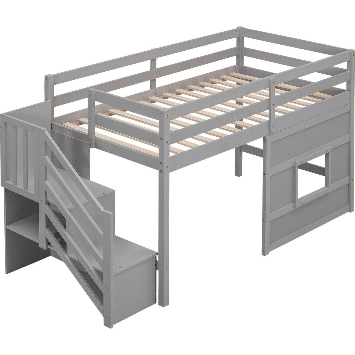 Twin Size Loft Bed with Storage Staircase and Window, Gray