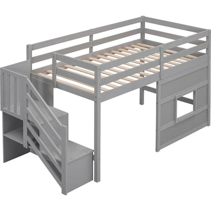 Twin Size Loft Bed with Storage Staircase and Window, Gray