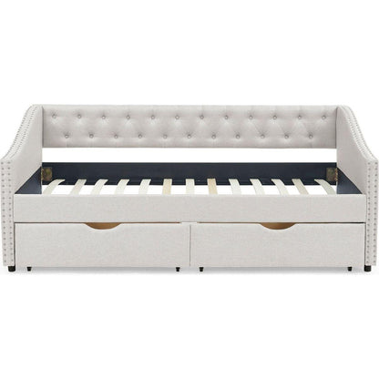 Twin Size Daybed with Drawers Upholstered Tufted Sofa Bed, with Button on Back and Copper Nail on Waved Shape Arms, Beige(81.5"x41"x30.5")