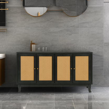 Handcrafted Premium Grain Panels,Rattan Sideboard Buffer Cabinet With 4 Rattan Doors, Modern Storage Cupboard Console Table with Adjustable Shelves for Living Room(Antique Dark Gray)