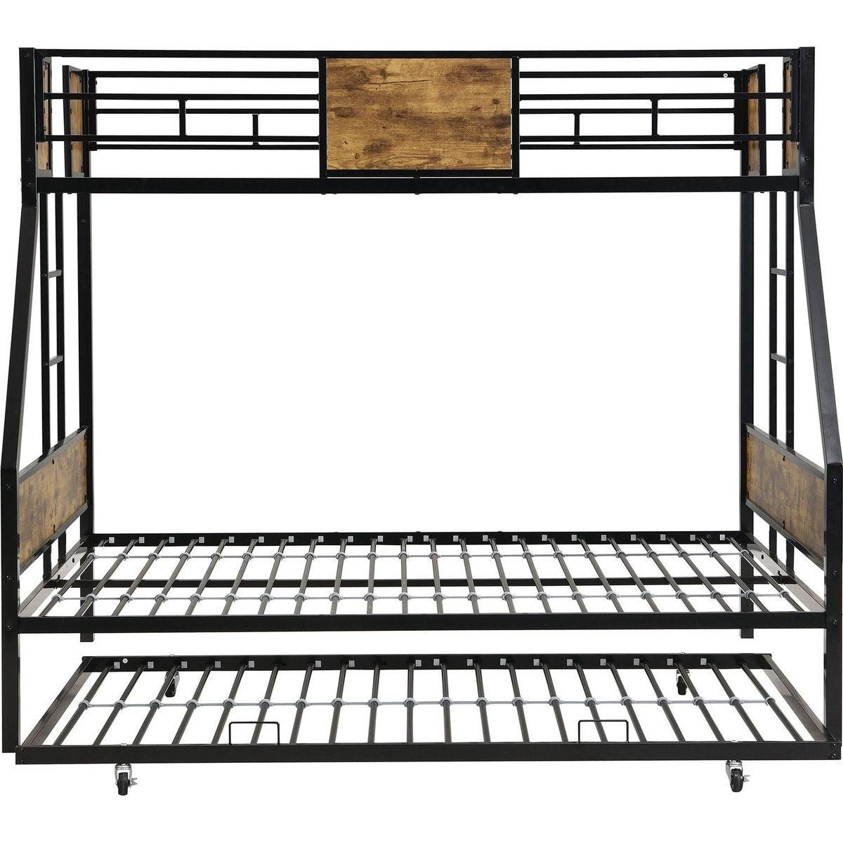 Twin Over FULL Metal Bunk Bed with Trundle 2 - Side Ladder and Full-Length Guardrail, No Box Spring Needed, Large Under Bed Storage, Easy Assemble, Black & Brown