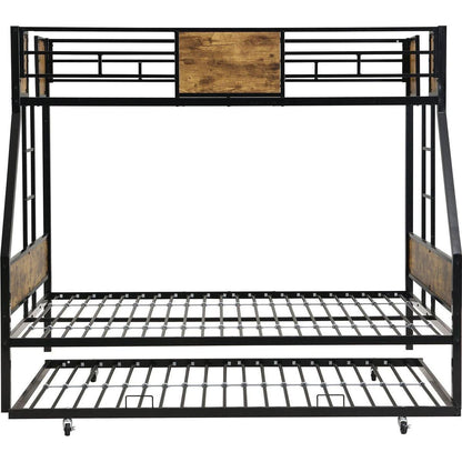 Twin Over FULL Metal Bunk Bed with Trundle 2 - Side Ladder and Full-Length Guardrail, No Box Spring Needed, Large Under Bed Storage, Easy Assemble, Black & Brown