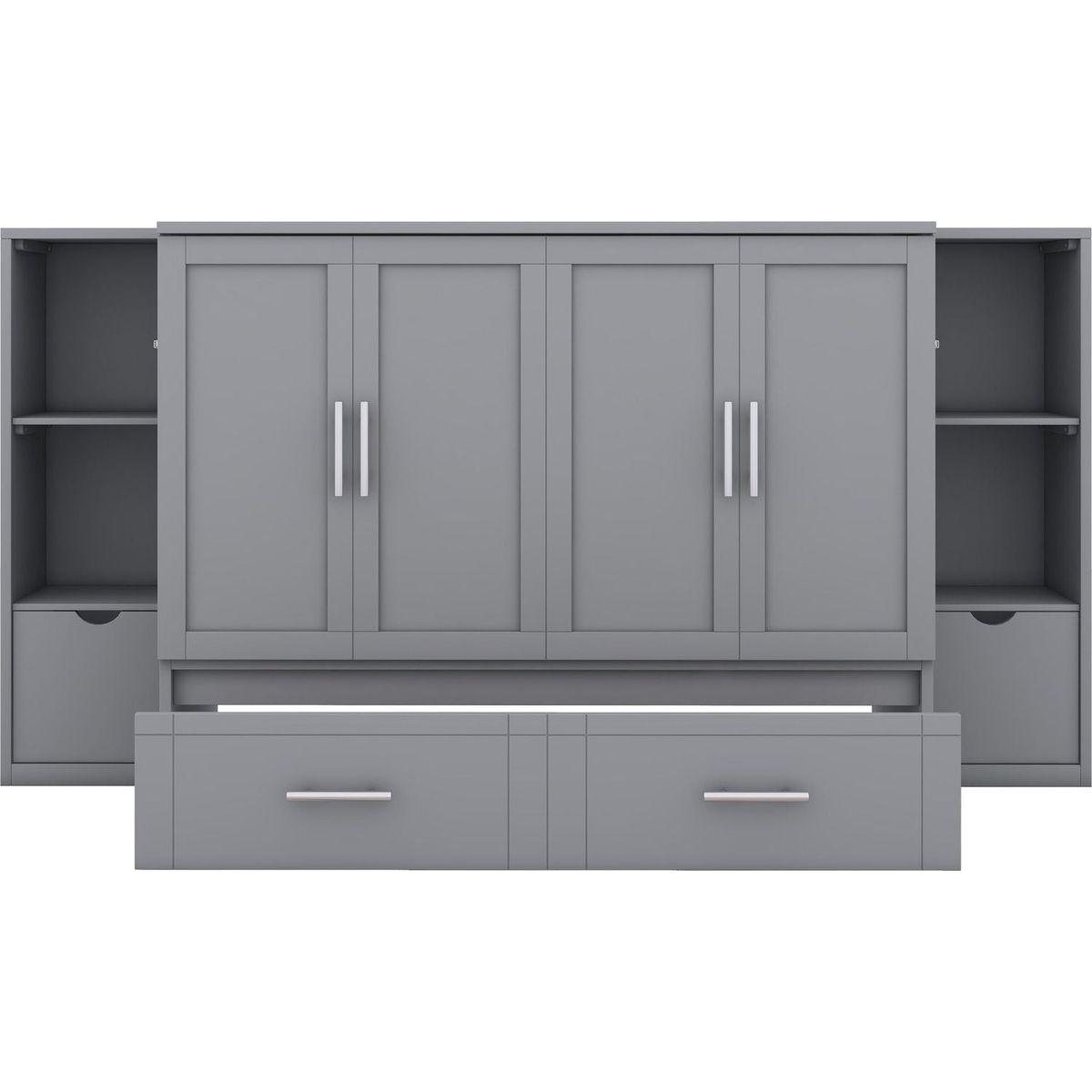 Full Size Murphy Bed with Shelves, Drawers and USB Ports,Gray