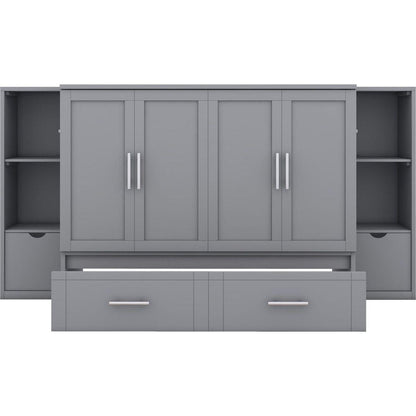Full Size Murphy Bed with Shelves, Drawers and USB Ports,Gray