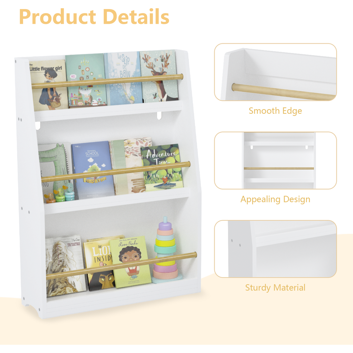 3 Tier Kids Book Shelf,Kids Book Rack, Helps Keep Bedrooms, Playrooms, and Classrooms Organized,White - Streamdale Furniture