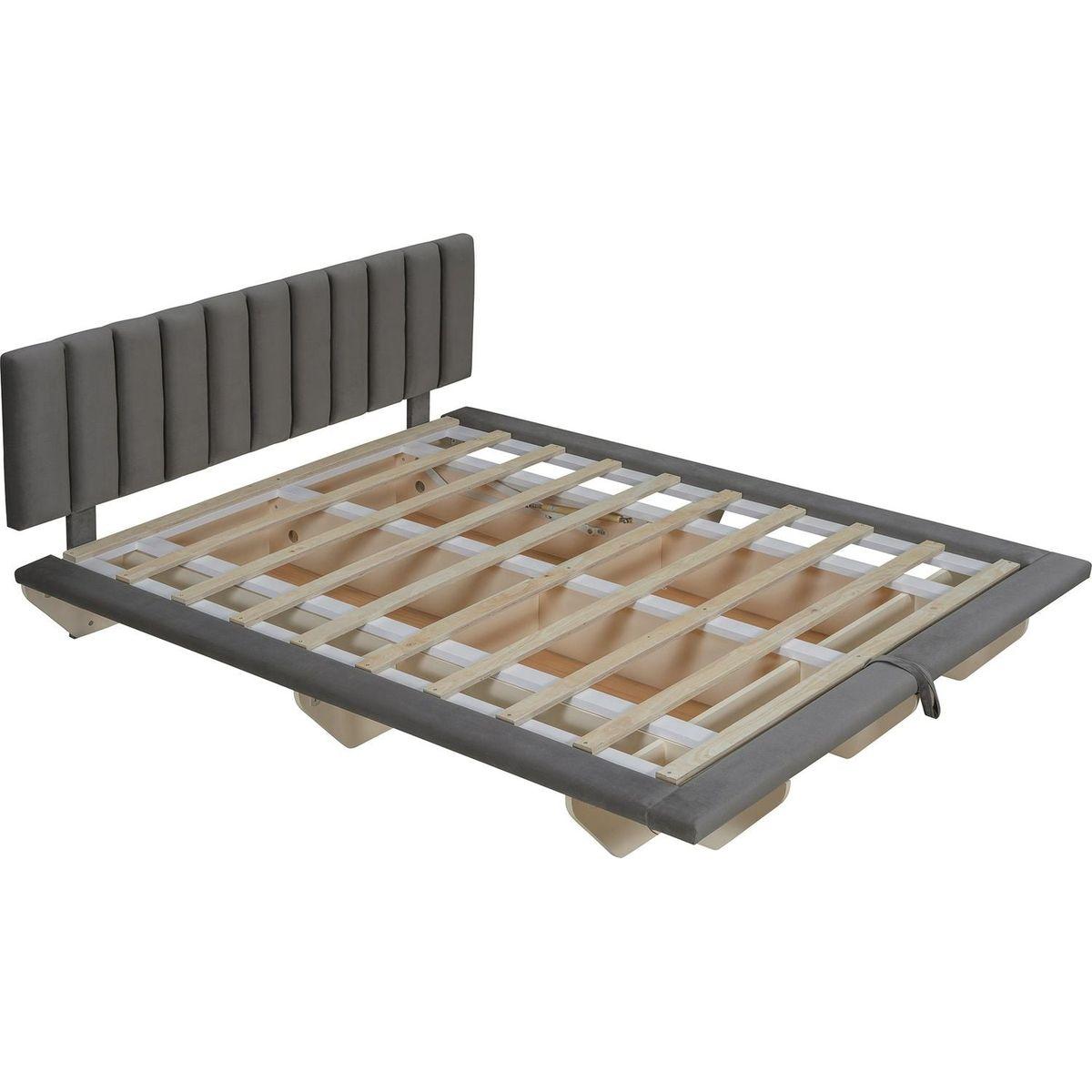 Queen Size Upholstered Floating Bed with LED Light and USB Port, Velvet, Gray, Hydrualic Platform Bed