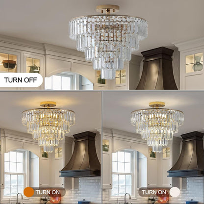 Gold Crystal Chandeliers,5-Tier Round Semi Flush Mount Chandelier Light Fixture,Large Contemporary Luxury Ceiling