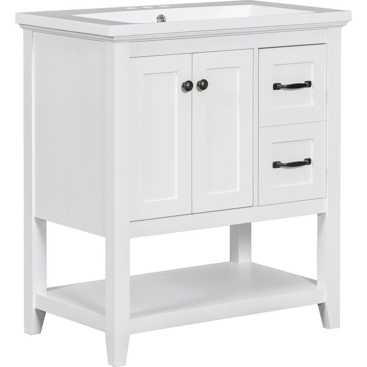 30" Bathroom Vanity with Ceramic Sink Top, Vanity Cabinet with Multi-Functional Drawer, Solid Wood Legs, White