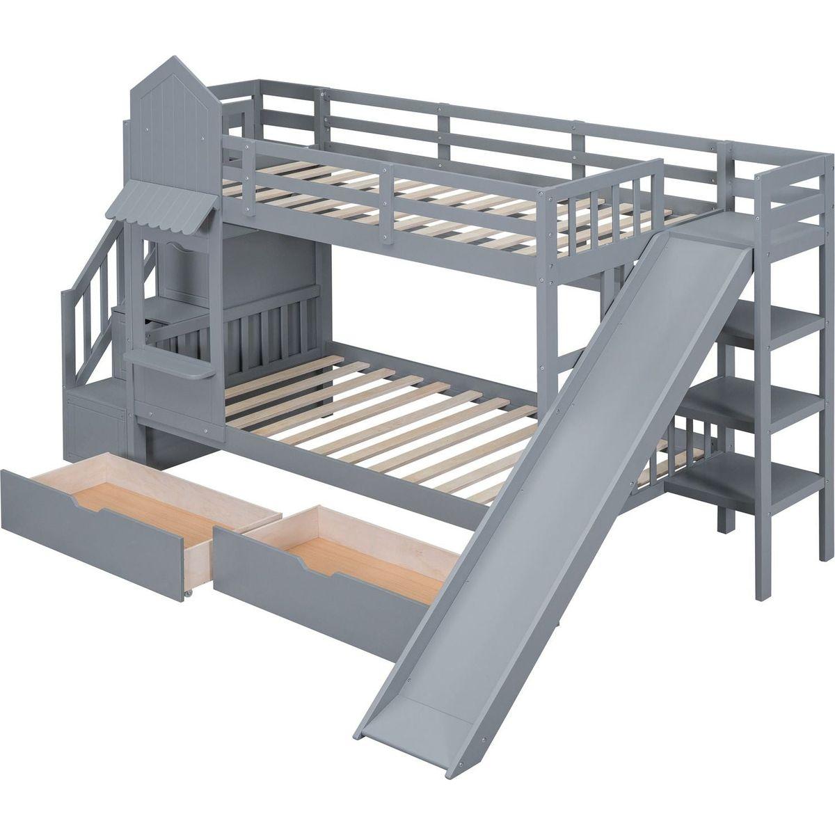 Twin-Over-Twin Castle Style Bunk Bed with 2 Drawers 3 Shelves and Slide - Gray