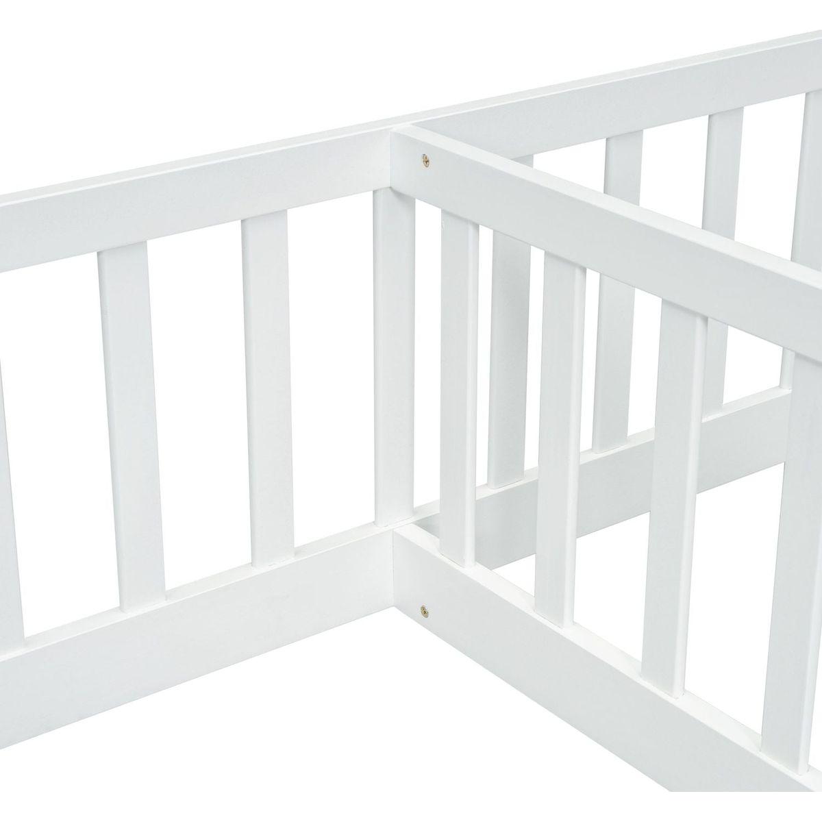 Double Twin Floor Bed with Fence, Guardrails, without door, White