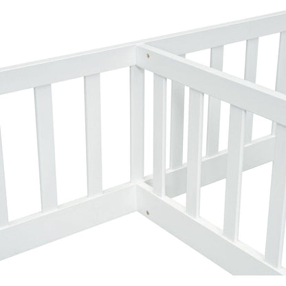 Double Twin Floor Bed with Fence, Guardrails, without door, White