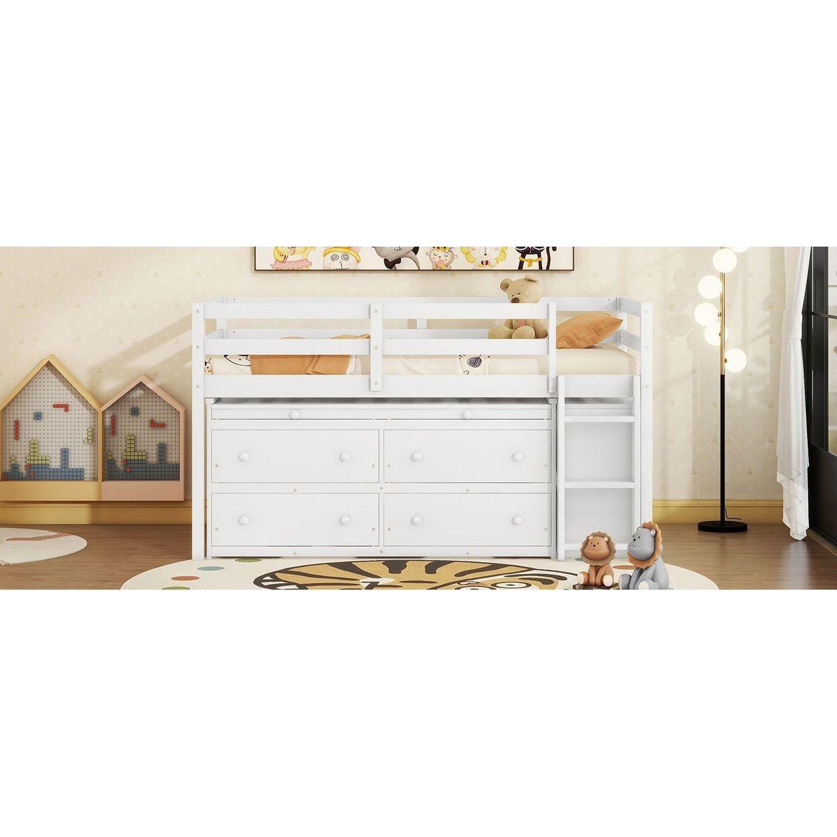 Twin Size Loft Bed with Retractable Writing Desk and 4 Drawers, Wooden Loft Bed with Lateral Portable Desk and Shelves, White