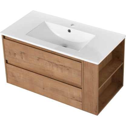 36" Wall Mounting Bathroom Vanity With Ceramic Sink, Soft Close Drawer