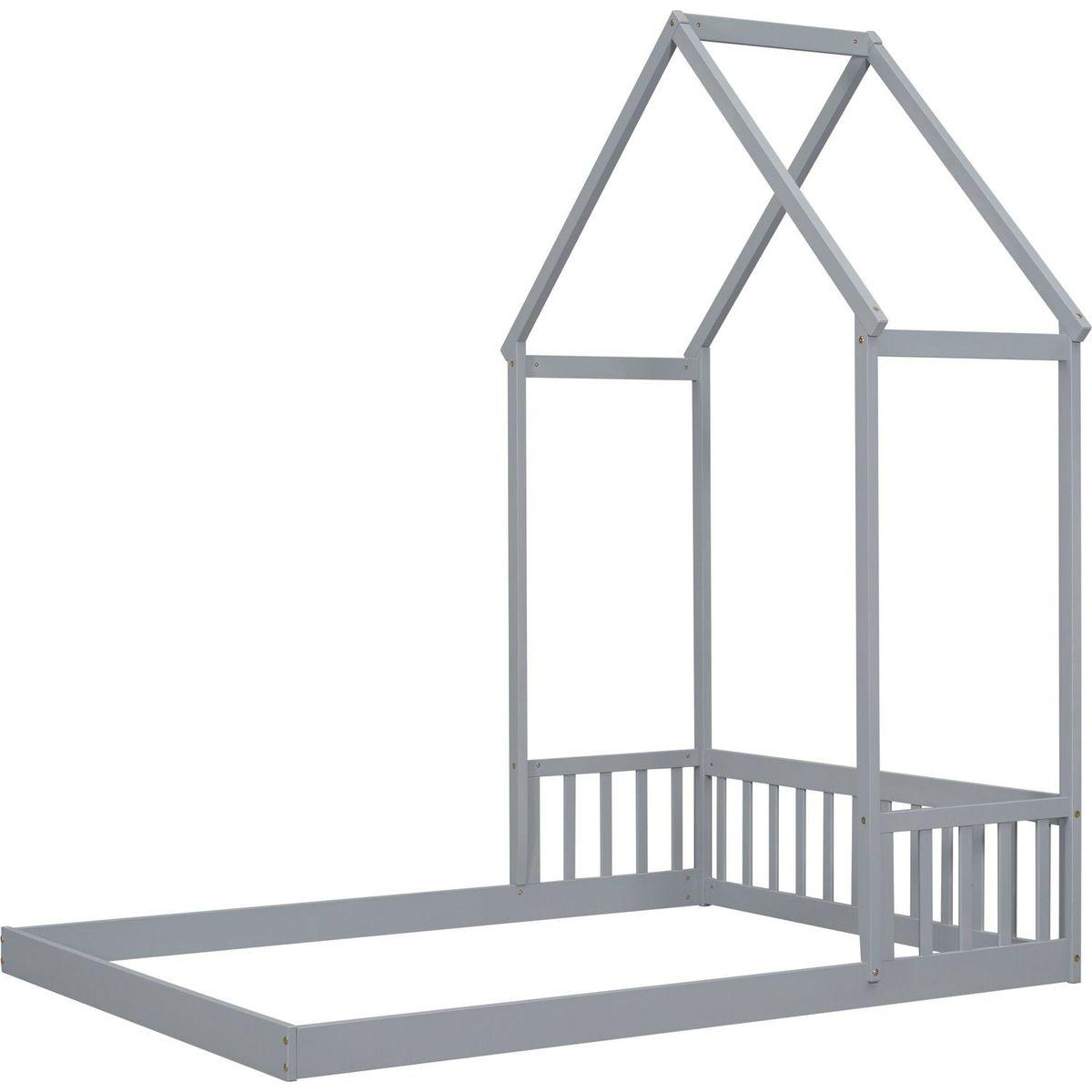 Full Roof-framed Headboard Floor Bed with Headboard Guardrails, without Slats, Grey