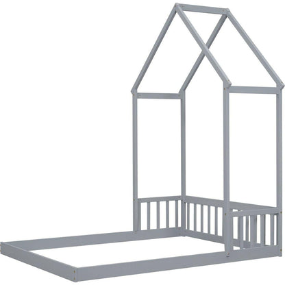 Full Roof-framed Headboard Floor Bed with Headboard Guardrails, without Slats, Grey