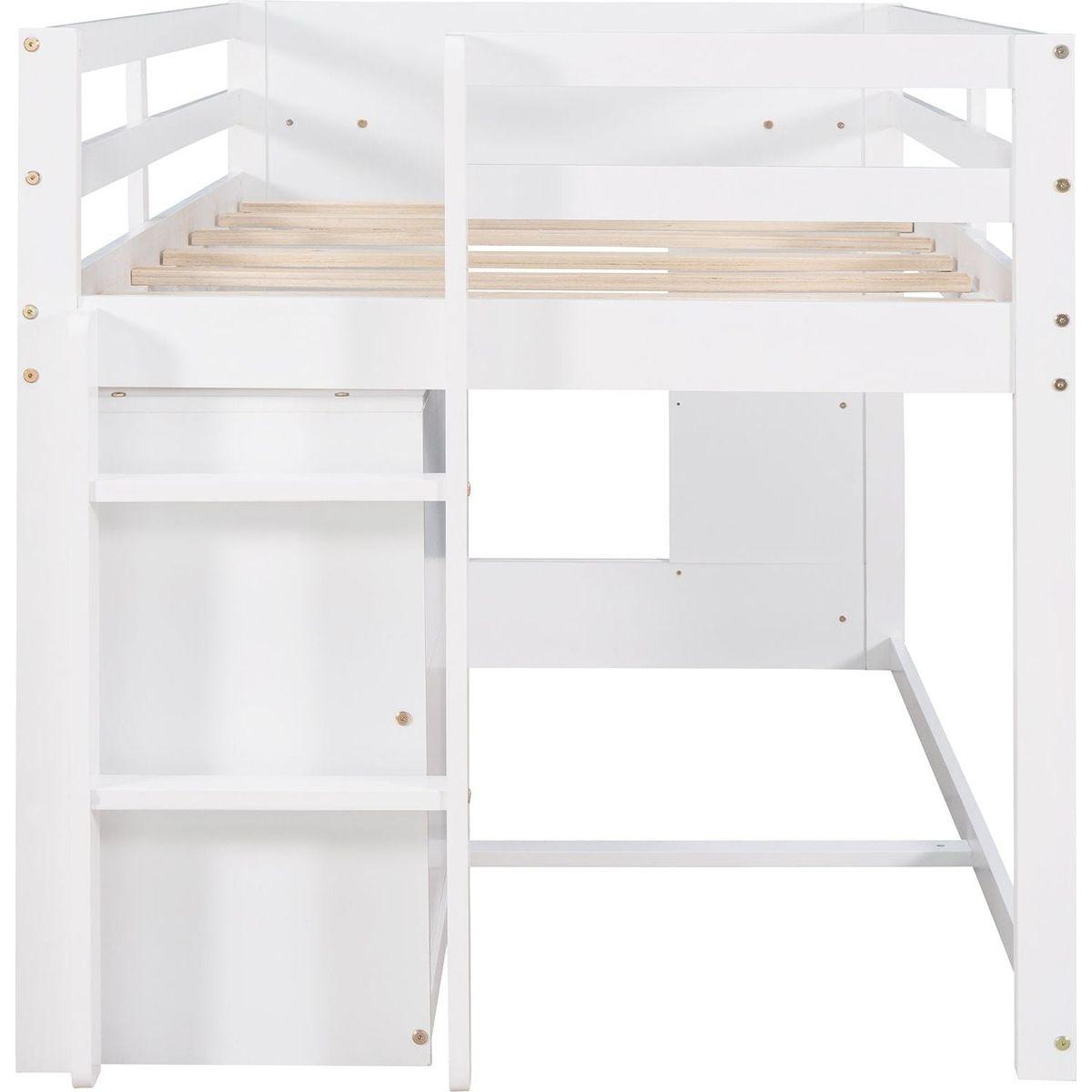 Twin Size Loft Bed with Cabinet and Shelf - White