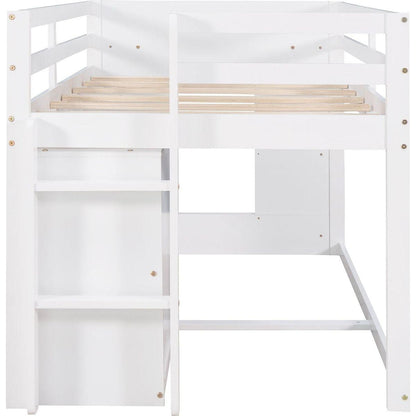 Twin Size Loft Bed with Cabinet and Shelf - White