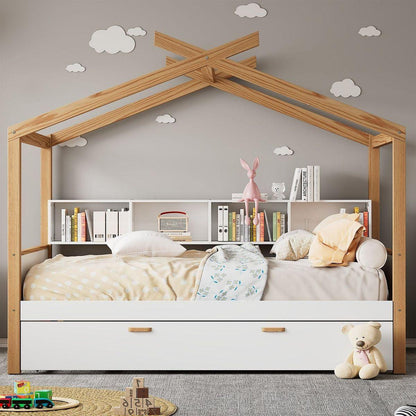 White Twin Size Wooden House Bed with Original Wood Colored Frame Twin Size Trundle and Bookshelf Storage Space for Children or Guest Room