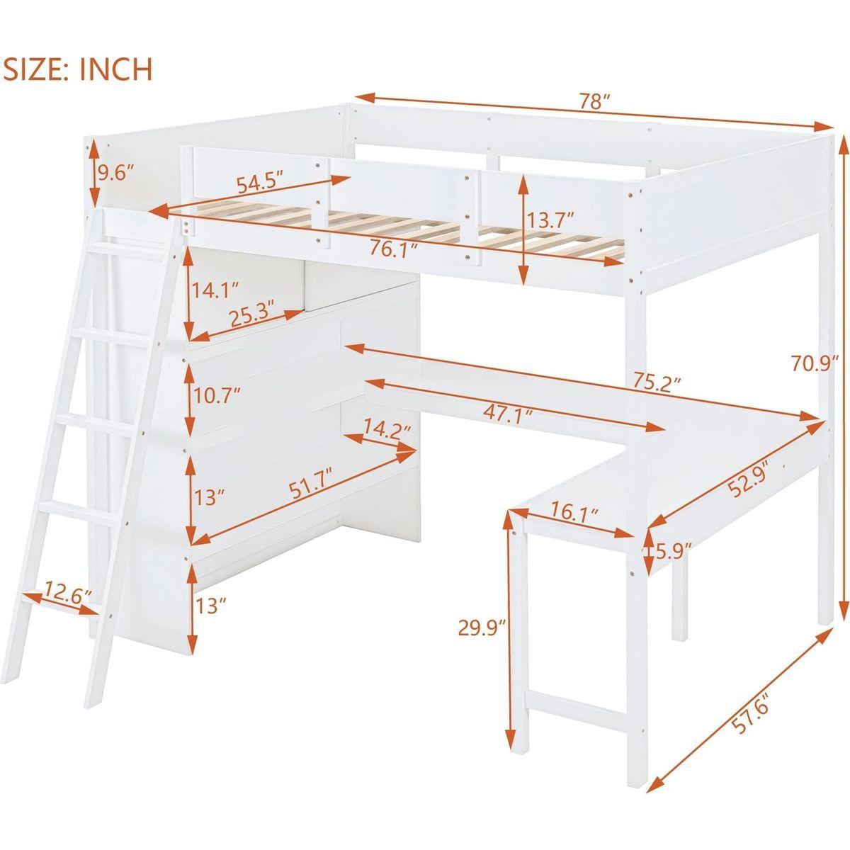 Full Size Loft Bed with Desk and Shelf - White