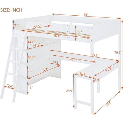 Full Size Loft Bed with Desk and Shelf - White