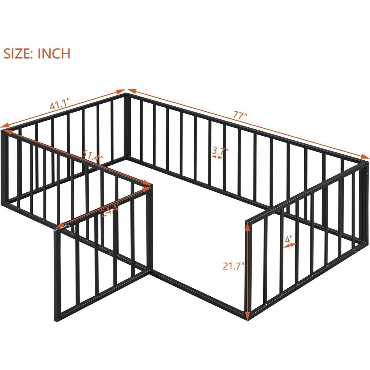 Twin Size Metal Floor Bed Frame with Fence and Door, Black