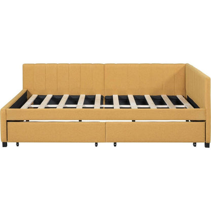 Full Size Upholstered Daybed with 2 Storage Drawers Sofa Bed Frame No Box Spring Needed, Linen Fabric (Yellow)