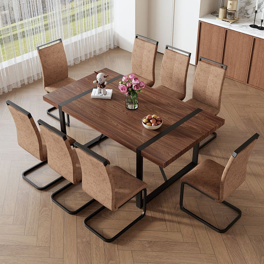 Table and chair set.Industrial Style Walnut-Colored Rectangular Dining Table - 71'x39.3' Large Size.Paired with 8 brown technology fabric chairs with Featuring arched black Metal legs.
