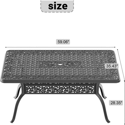 L59.05xW35.43-inch Cast Aluminum Patio Dining Table with Black Frame and Umbrella Hole