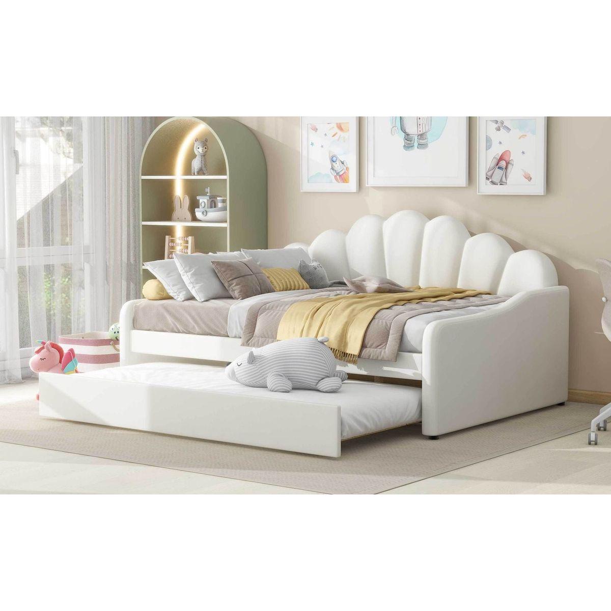 Full Size Upholstery Daybed Frame with Shall Shaped Backrest and Trundle,Beige
