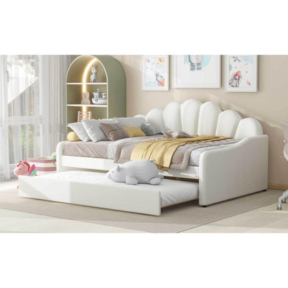 Full Size Upholstery Daybed Frame with Shall Shaped Backrest and Trundle,Beige