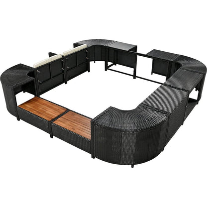 Spa Surround Spa Frame Quadrilateral Outdoor Rattan Sectional Sofa Set with Mini Sofa,Wooden Seats and Storage Spaces, Beige