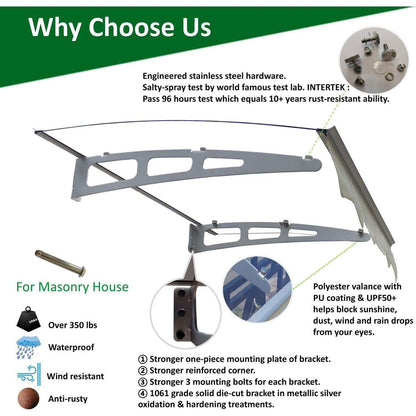 GarLUGH DA4734C Series Door Window Awning Canopy Made of 0.137 Inch Thick Crystal Solid Polycarbonate Sheet and Aluminum Alloy with Valance in size of 47" Wide x 34" Deep for Masonry Concrete Wall