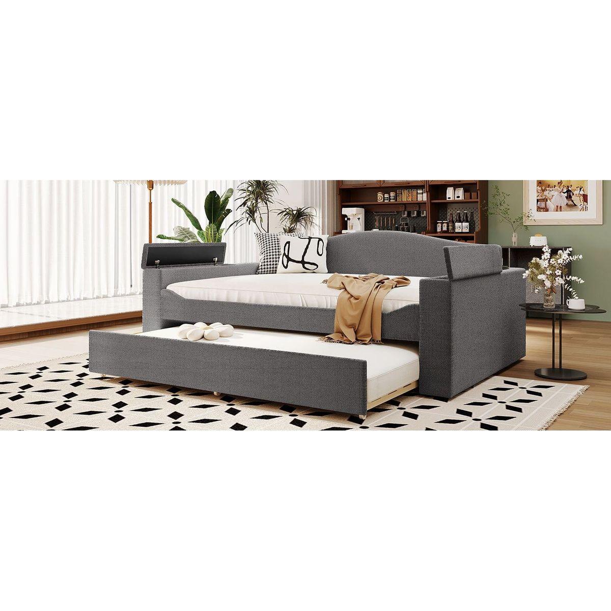 Full Size Upholstered Daybed with Storage Armrests, Trundle and Latest Integrated Bluetooth Audio System, Teddy Fleece, Gray