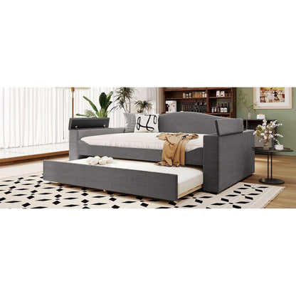 Full Size Upholstered Daybed with Storage Armrests, Trundle and Latest Integrated Bluetooth Audio System, Teddy Fleece, Gray