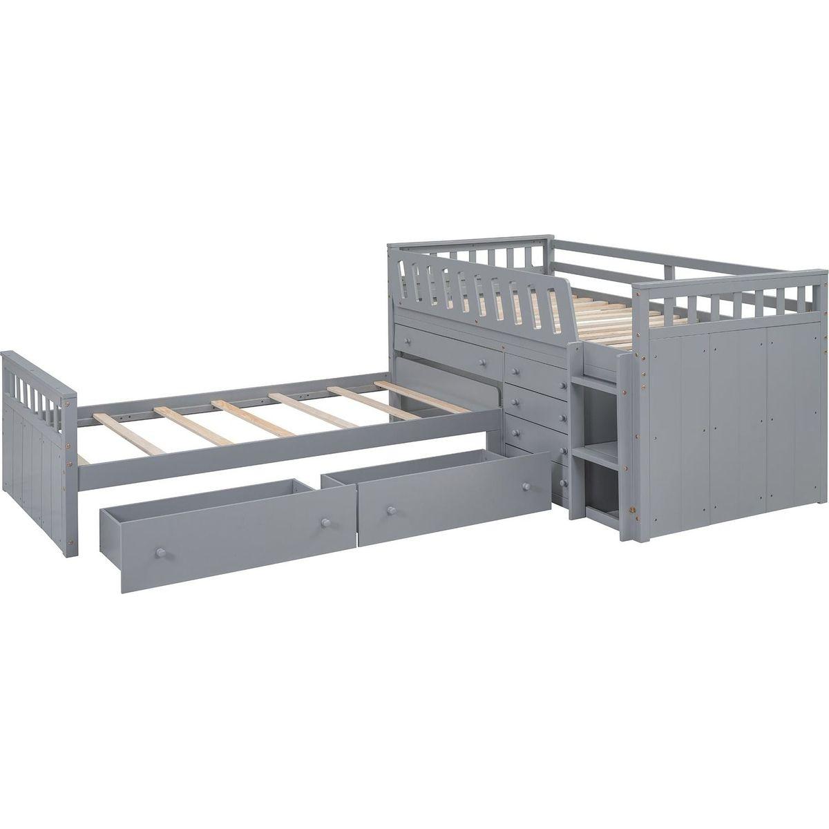 L-shaped Space-Saving Twin Loft and Twin Platform Bed with 7 Drawers and Full Guardrails(GRAY)