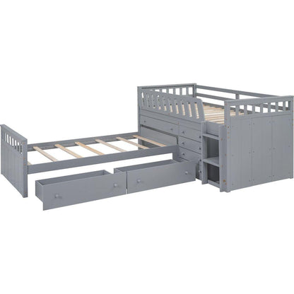 L-shaped Space-Saving Twin Loft and Twin Platform Bed with 7 Drawers and Full Guardrails(GRAY)