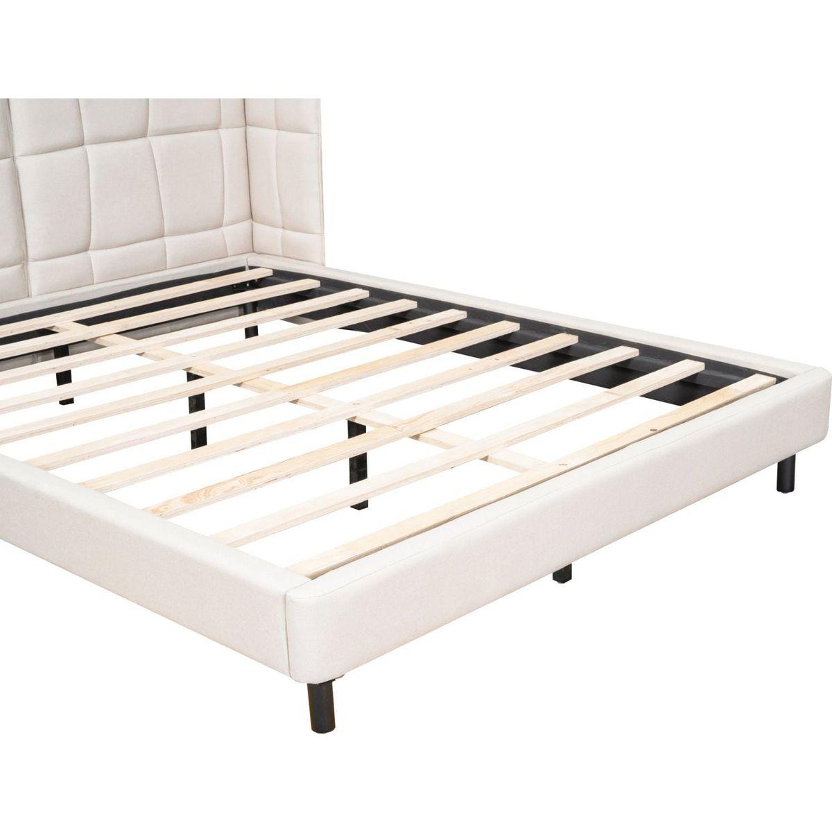 Queen Size Upholstered Platform Bed with LED Lights and U-Shaped Headboard, Linen Fabric, Beige