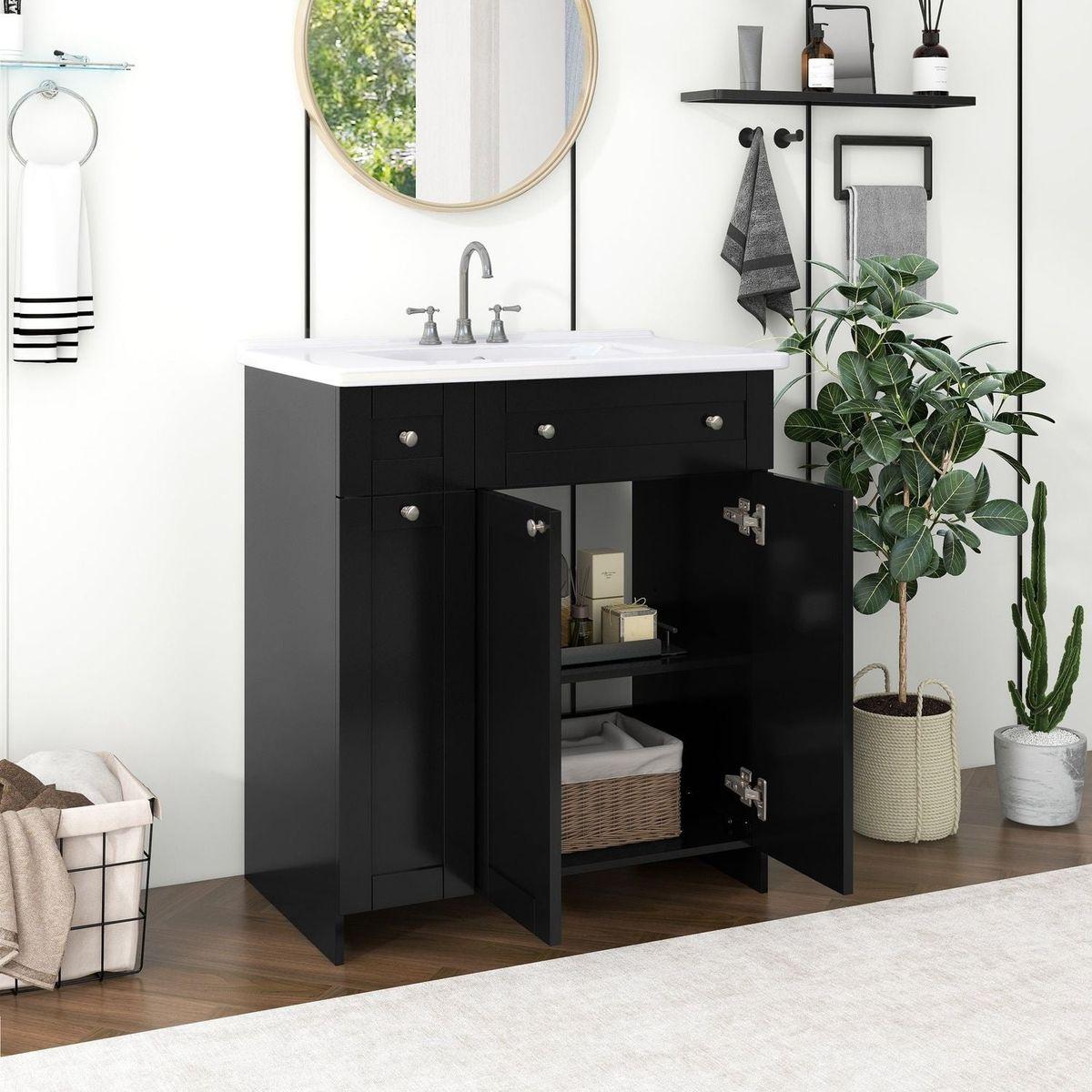 30-Inch Black Bathroom Vanity with Ceramic Sink Combo, Abundant Storage Cabinet - 2 Soft-close Doors and Double-tier Deep Drawer