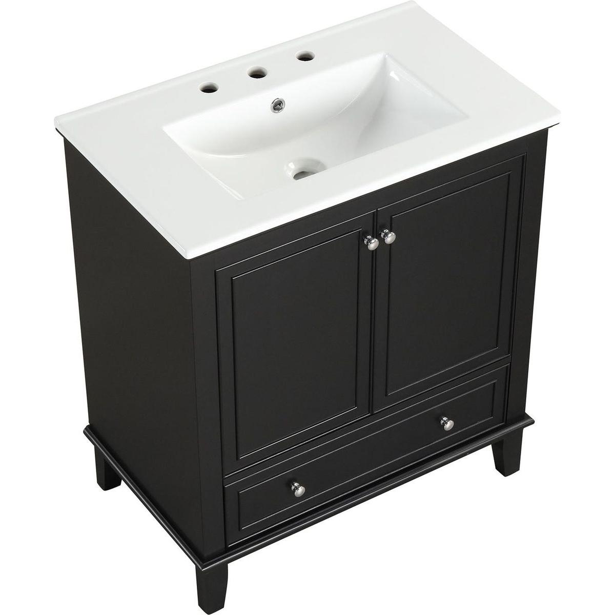 30" Bathroom Vanity with Sink Combo, Multi-functional Bathroom Cabinet with Doors and Drawer, Solid Wood and MDF Board, Black