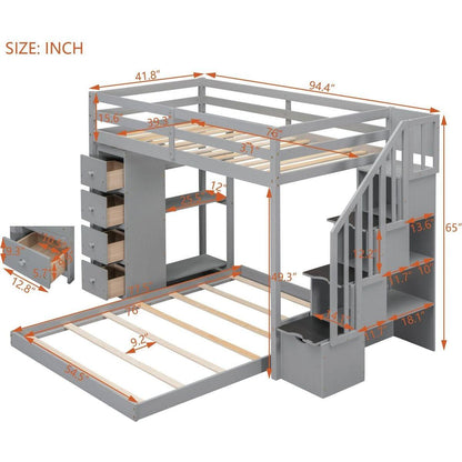 Twin Over Full Bunk Bed with 3-layer Shelves, Drawers and Storage Stairs, Gray