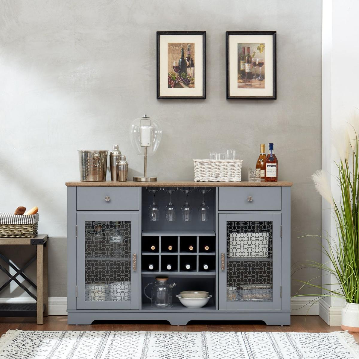 Modern Farmhouse Buffet Cabinet, Sideboard with 2 Drawers and Elegant Glass Door Cabinets, Wine and Glass Rack, Coffee Bar for Kitchen, Dining Room, Light Blue and Light Oak, 56.46"Wx15.55"Dx35.74"H