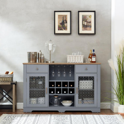 Modern Farmhouse Buffet Cabinet, Sideboard with 2 Drawers and Elegant Glass Door Cabinets, Wine and Glass Rack, Coffee Bar for Kitchen, Dining Room, Light Blue and Light Oak, 56.46"Wx15.55"Dx35.74"H