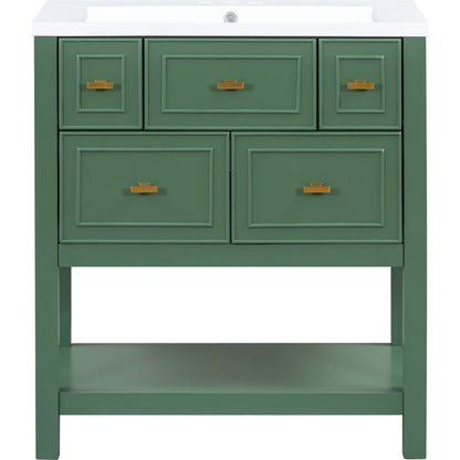 30" Bathroom Vanity with Resin Sink Combo, Free Standing Single Vanity Set with 5 Drawers, Solid Wood Frame Bathroom Storage Cabinet, Green